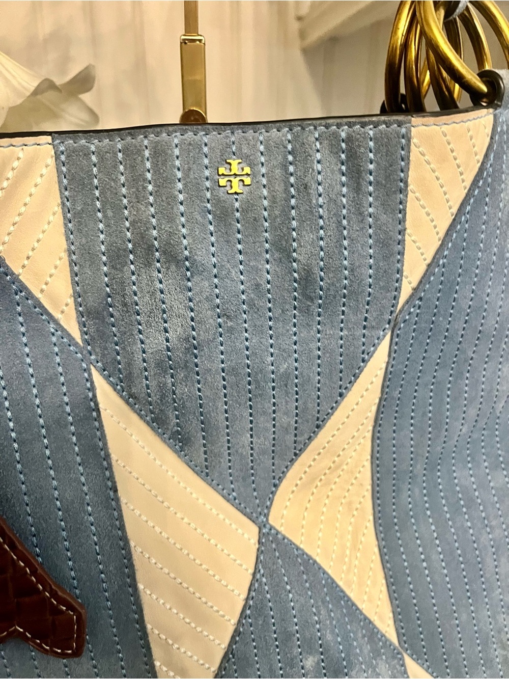 Tory Burch Patchwork suede blue and white Farrah tote - Picture 2 of 16